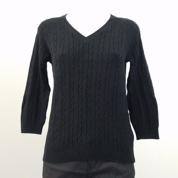 525 Black Cable Knit 3/4 Sleeve Pullover V-Neck Sweater Women's Size Medium - Picture 1 of 5